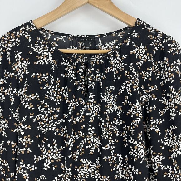 Talbots Top Size Small Black Brown Floral Chiffon Ruffle Bell Sleeve Blouse - Picture 2 of 7
